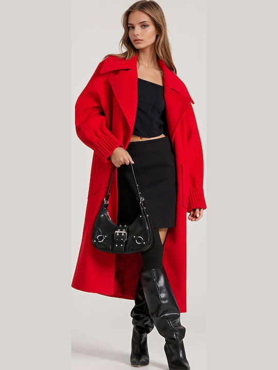 Women's Crimson Red Coat with Buttons
