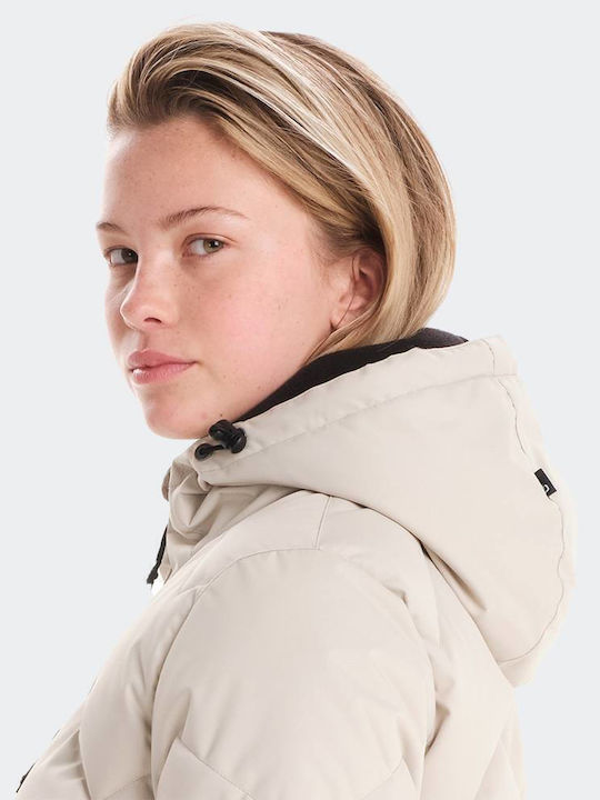 Women's Long Puffer Jacket Waterproof and Windproof for Winter with Hood Ecru