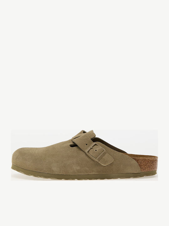 Birkenstock Boston Leather Velvet Faded Khaki Women's Slippers