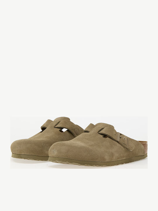 Birkenstock Boston Leather Velvet Faded Khaki Women's Slippers