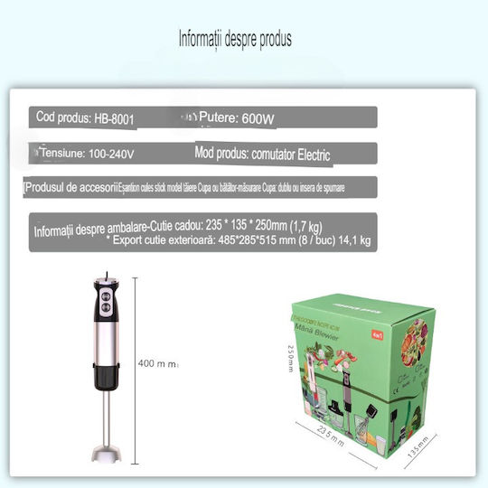 Hand Blender with Stainless Rod 600W Gray