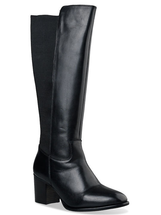 High Leder Damenstiefel mit mittlerem Absatz Schwarz