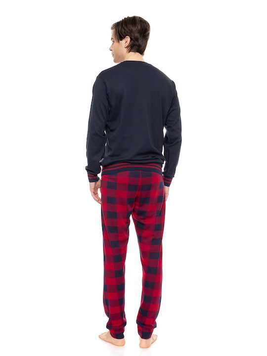 Ulisse Men's Winter Cotton Checked Pajamas Set Red, Blue