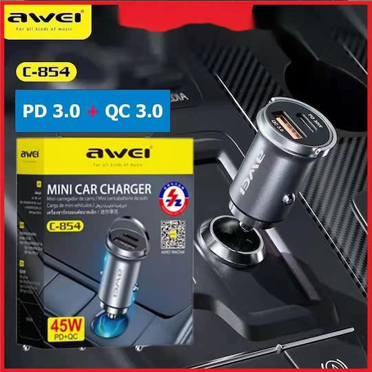 Awei Φορτιστής Αυτοκινήτου 45W με Θύρες: 1xUSB 1xType-C