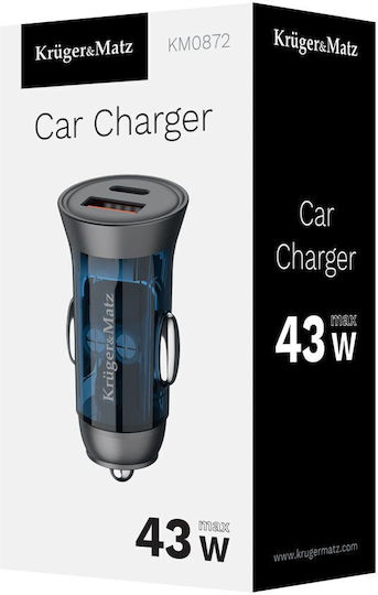 Kruger & Matz Car Charger 43W 22A with Ports 1xUSB-A 1xType-C