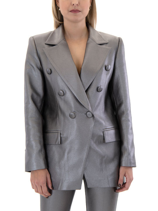 Zoya Long Women's Double Breasted Blazer Silver