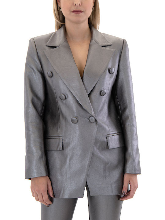 Zoya Long Women's Double Breasted Blazer Silver