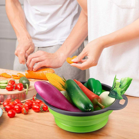 Set 2 Foldable Food-grade Silicone Colanders Flippy Handles Non-stick Non-slip Bottom Round Two Sizes Easy To Store Dishwasher Safe Green
