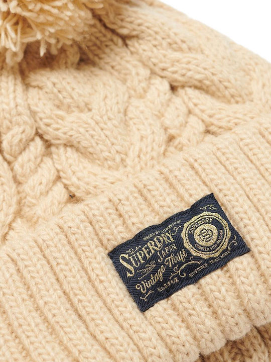 Superdry Chunky Cable Pom Pom Beanie Beanie Knitted in Ecru color