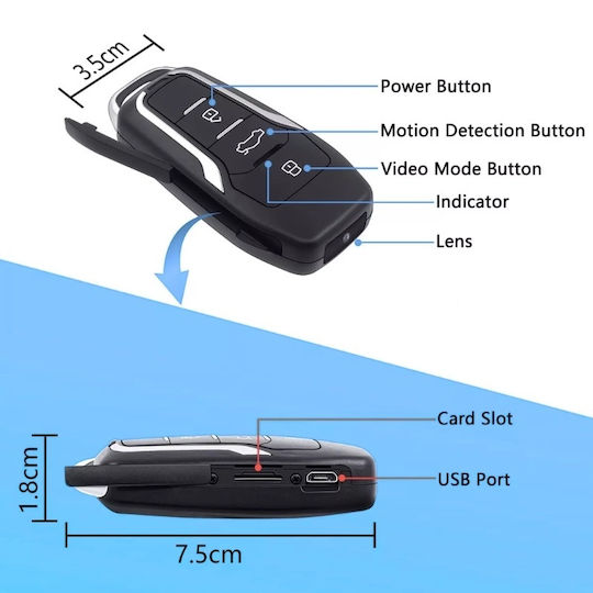 Cameră Spion Cheie Auto Iuni Rms25 8 Gb Full Hd Detectare Mișcare Foto Video