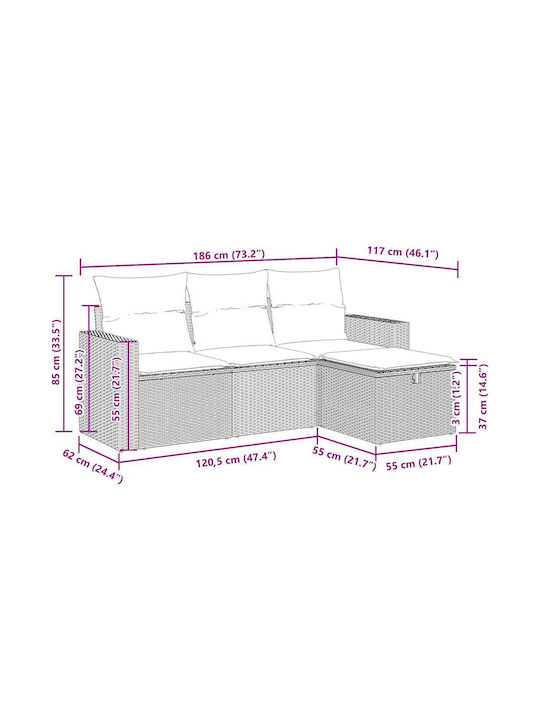 Corner Sofa Outdoor Rattan with Chest and Cushions 55x55x69cm