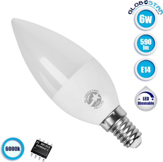 GloboStar LED Bulb 6W for Socket E14 and Shape C37 Cool White 590lm Dimmable