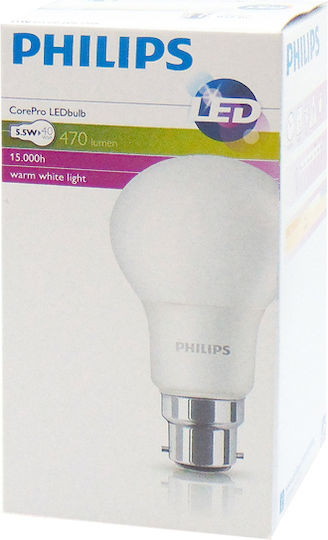 Philips LED Bulb 5.5W for Socket B22 and Shape A60 Warm White 470lm