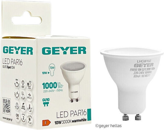 Geyer Λάμπα LED 10W για Ντουί GU10 και Σχήμα PAR16 Θερμό Λευκό