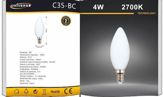 Universo Illuminazione Λάμπα LED 4W για Ντουί E14 Θερμό Λευκό 300lm