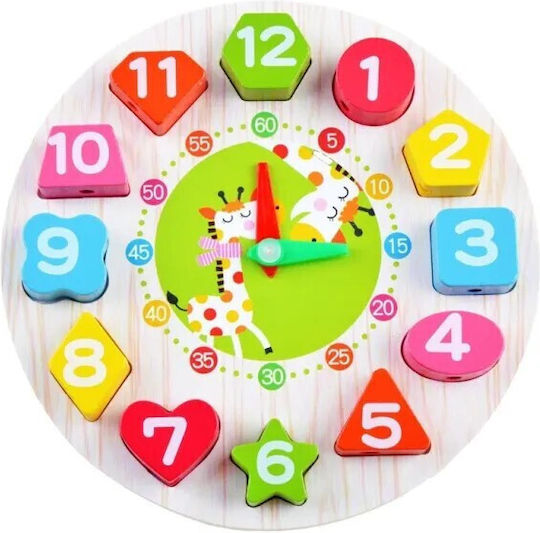 Jucărie educativă Flippy tip Montessori model girafă ceas din lemn + 36 luni 12 piese 17 cm multicolor