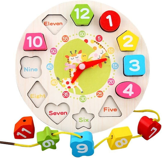 Jucărie educativă Flippy tip Montessori model girafă ceas din lemn + 36 luni 12 piese 17 cm multicolor