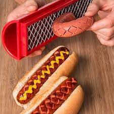 Feliator manual pentru hot dog Flippy, tăietor manual pentru cârnați hot dog, potrivit pentru grătar, 29,5 x 6,5 cm, din oțel inoxidabil ABS, roșu