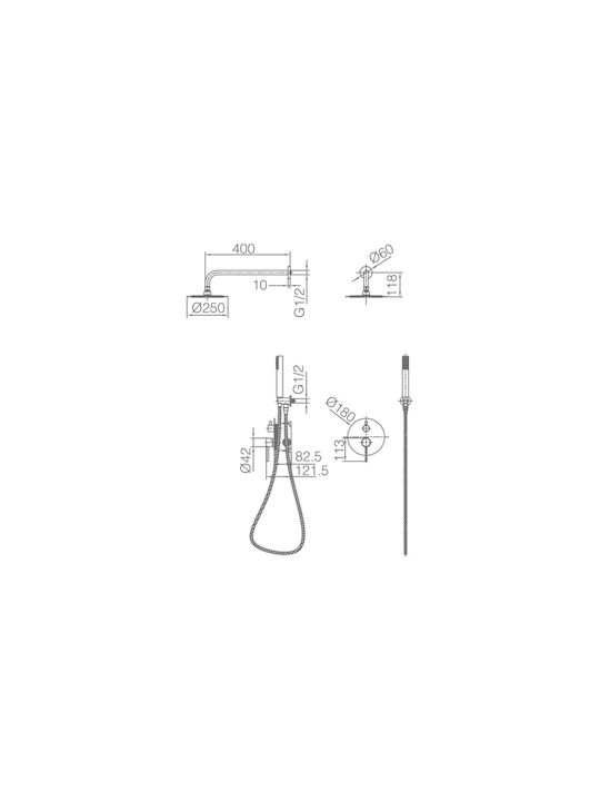 Imex Set Mischer & Handbrause für Wandmontage für Dusche 2 Ausgänge Silber