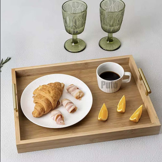 Elegant Bamboo Wood Serving Tray Metal Handles 32 X 22 Cm
