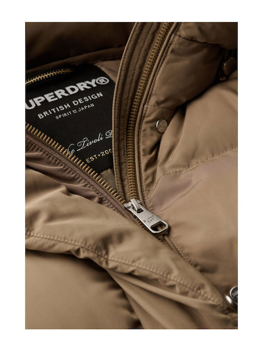 Women's Long Puffer Jacket for Winter with Hood Brown