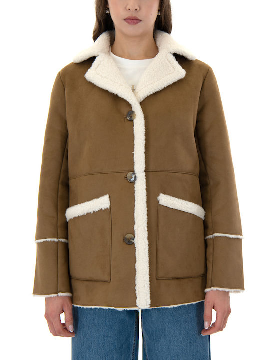 Ralph Lauren Women's Long Coat with Buttons and Fur Camel-εκρου