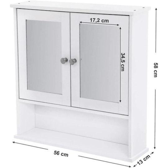 Dulap de baie montat pe perete MDF cu oglindă, 3 rafturi, 2 uși, alb, 56x13x58 cm Mercaton