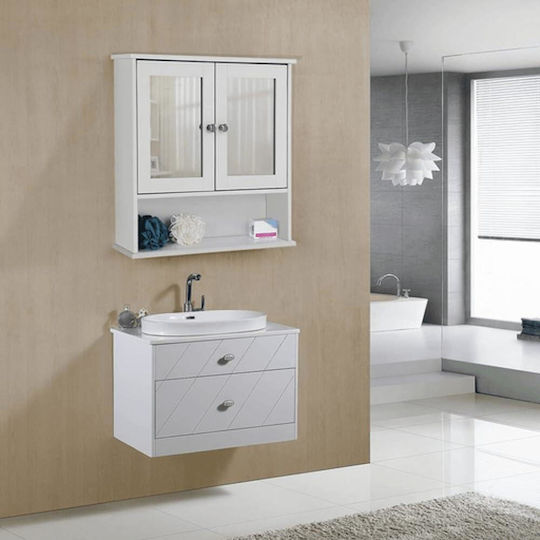 Dulap de baie montat pe perete MDF cu oglindă, 3 rafturi, 2 uși, alb, 56x13x58 cm Mercaton
