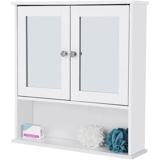Dulap de baie montat pe perete MDF cu oglindă, 3 rafturi, 2 uși, alb, 56x13x58 cm Mercaton