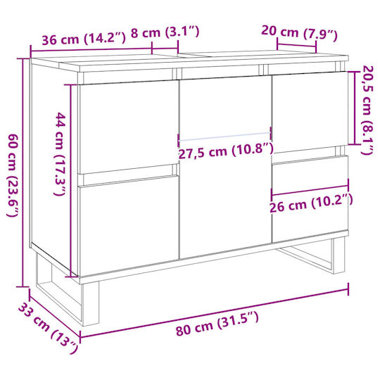 vidaXL Waschtisch mit Waschbecken L80xB33xH60cm Oaks