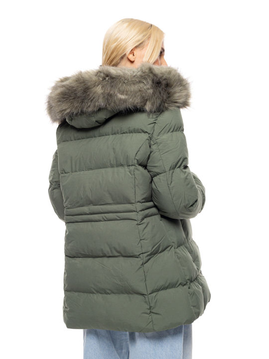 Biston Women's Long Lifestyle Jacket for Winter with Hood Green