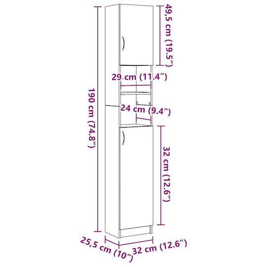 vidaXL Στήλη Μπάνιου Δαπέδου Μ32xΒ25.5xΥ190cm Δρυς