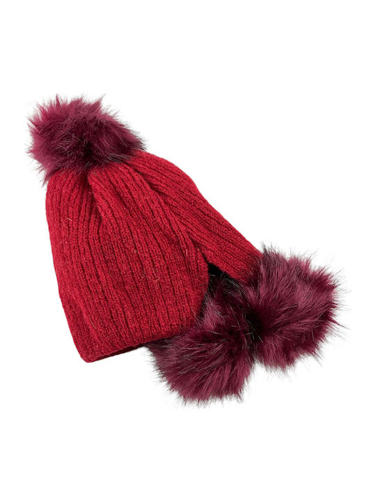 Pom Pom Beanie Γυναικείος Σκούφος Πλεκτός σε Μπορντό χρώμα
