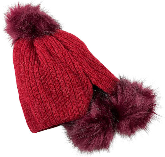 Pom Pom Beanie Γυναικείος Σκούφος Πλεκτός σε Μπορντό χρώμα