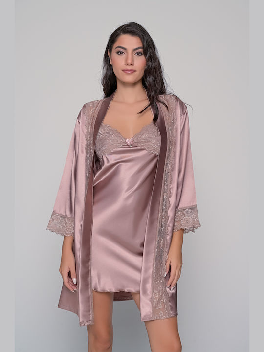 Milena by Paris Winter Women's Satin Robe with Nightdress Mocca, Brown