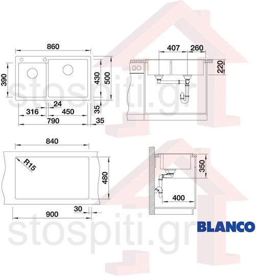Blanco Pleon 9 Ένθετος Inox με Μπαταρία Μ86xΠ50cm Volcano Grey