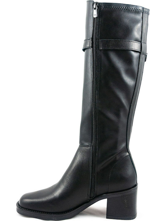 Leather Medium Heel Women's Boots with Zipper Black