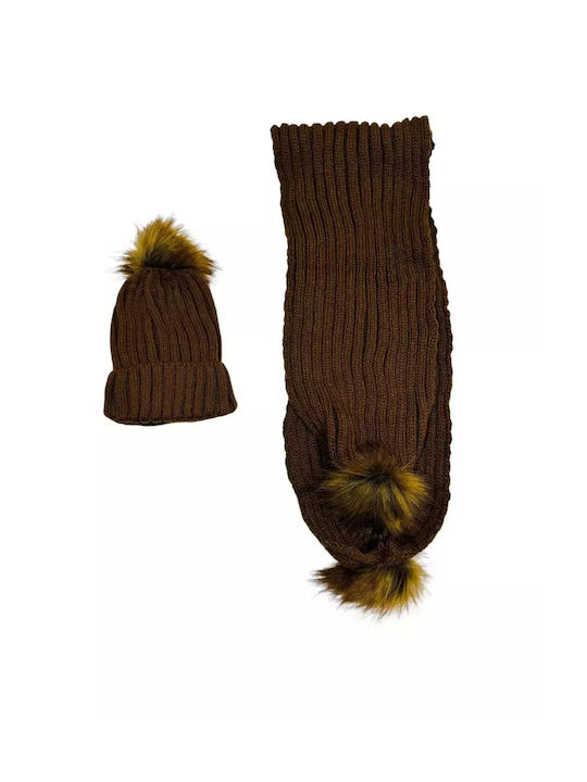 Pugi Kids Beanies Set with Scarf Knitted Brown