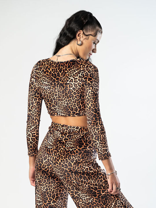 Bluza damă Crop Catifea Mânecă lungă Animal Print Leopard Velvet