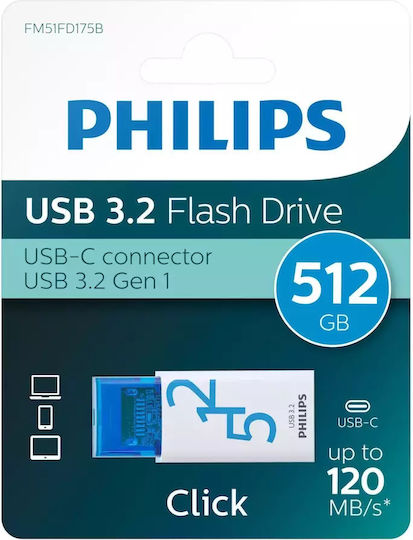 Philips Click Series 512GB USB 3.2 Стик с връзка USB-C Бял