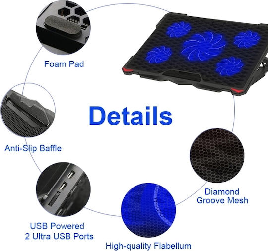Omega Cooling Pad for Laptop up to 18" with 5 Fans and Illuminated PLCP5FB