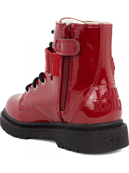 Vernice Leather Kids Boots with Laces Red
