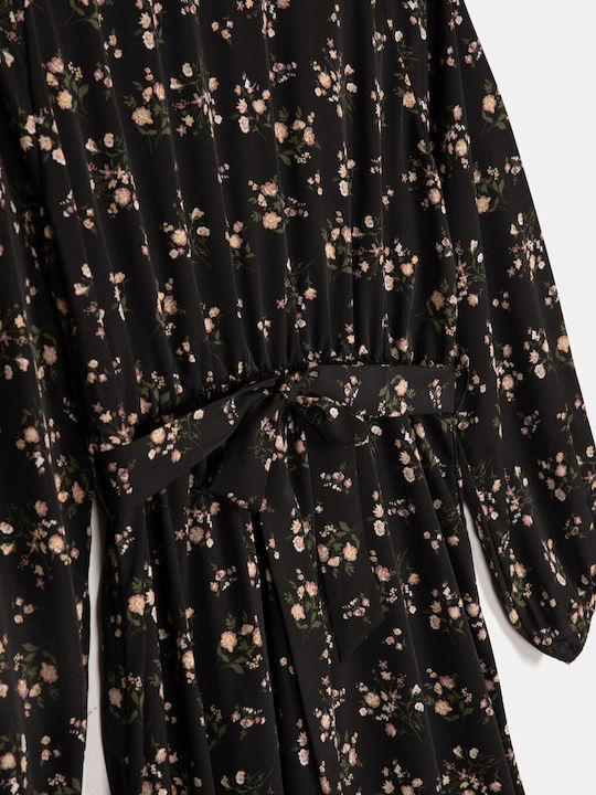 Midi Floral Dress with Belt Black Floral