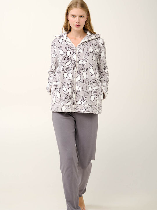 Vamp Χειμερινή Γυναικεία Fleece Ρόμπα Light Gray