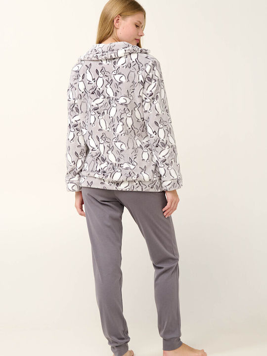 Vamp Χειμερινή Γυναικεία Fleece Ρόμπα Light Gray