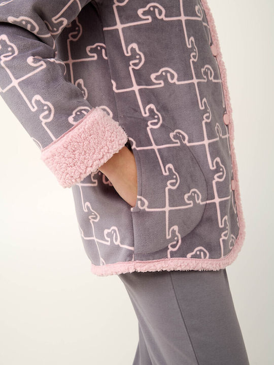 Vamp Χειμερινή Γυναικεία Fleece Ρόμπα Gray Thunder