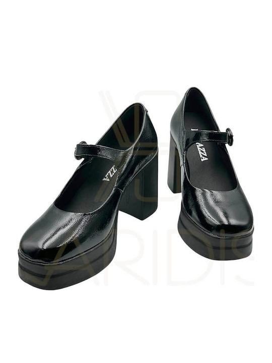 Heels With Platform Patent Leather With Strap & Chunky High Heel Black