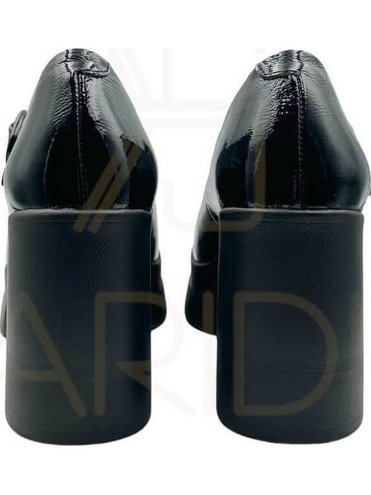 Heels With Platform Patent Leather With Strap & Chunky High Heel Black