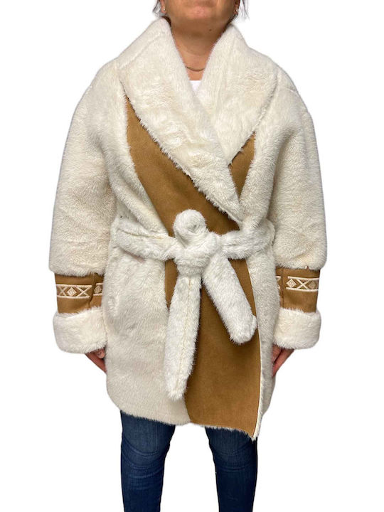 Glox Women's Mouton Coat with Belt and Fur Camel