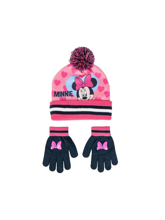 Kids Beanie Set with Gloves Knitted Pink 2pcs